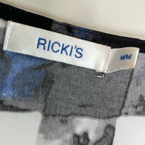 Ricki's Sleeveless Box Pleated Blouse Marble Black White Blue Checkered Size M - Picture 6 of 10